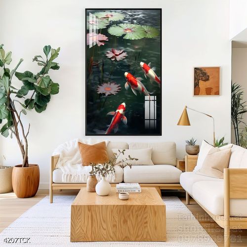 Mẫu tranh decor tường cá chép hoa sen 