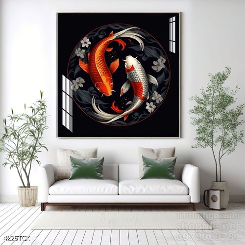 Mẫu tranh decor tường cá chép hoa sen 
