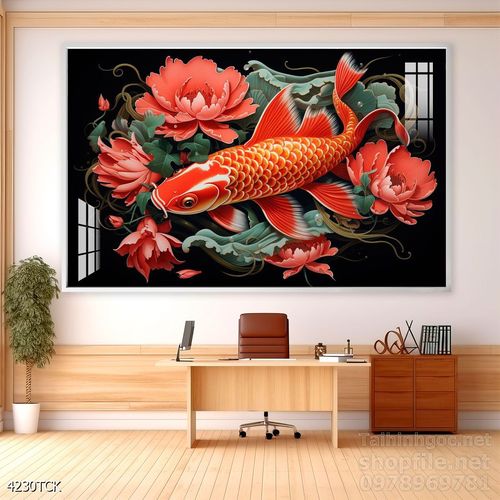 Tranh decor tường phòng khách cá chép hoa sen