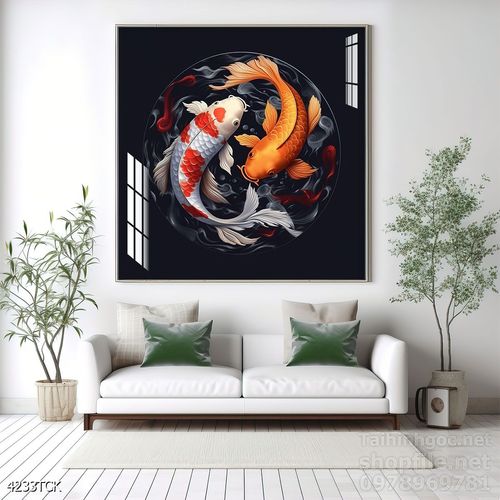Mẫu tranh decor tường cá chép hoa sen 