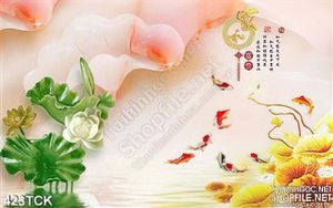Tranh hoa sen, cá chép giả ngọc thư pháp