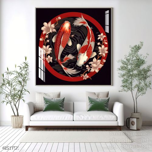 Mẫu tranh decor tường cá chép hoa sen 