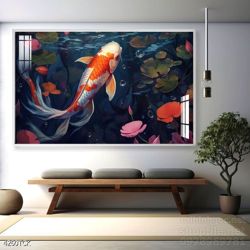 Mẫu tranh decor tường cá chép hoa sen 