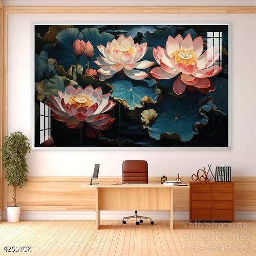 Tranh decor tường phòng khách cá chép hoa sen