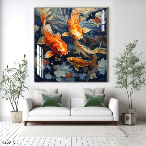 Mẫu tranh decor tường cá chép hoa sen 