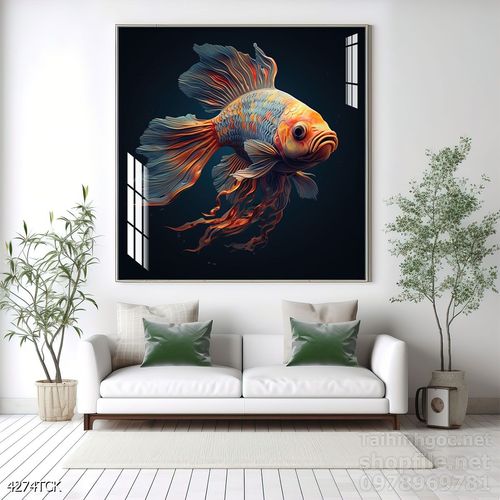 Tranh decor tường phòng khách cá chép hoa sen