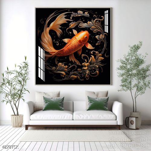 Mẫu tranh decor tường cá chép hoa sen 