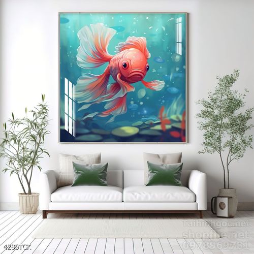 Mẫu tranh decor tường cá chép hoa sen 