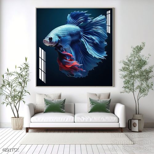 Tranh decor tường phòng khách cá chép hoa sen