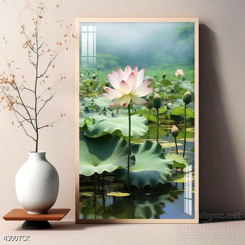 Tranh decor tường phòng khách cá chép hoa sen