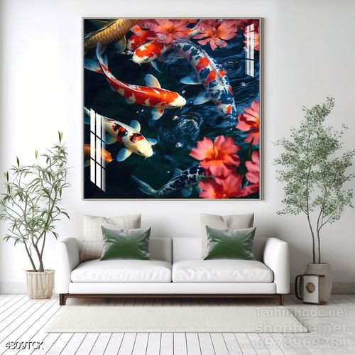 Tranh decor tường phòng khách cá chép hoa sen