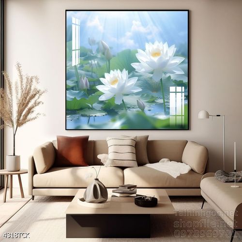 Tranh decor tường phòng khách cá chép hoa sen