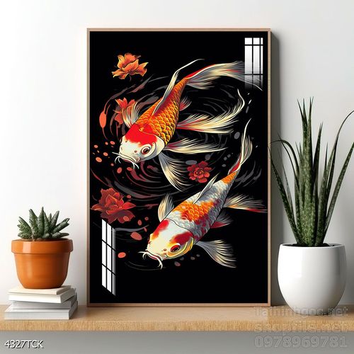 Tranh decor tường phòng khách cá chép hoa sen