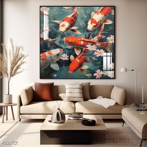 Mẫu tranh decor tường cá chép hoa sen 
