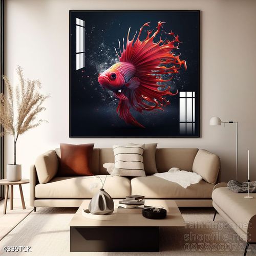 Tranh decor tường phòng khách cá chép hoa sen