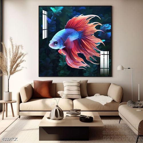 Mẫu tranh decor tường cá chép hoa sen 