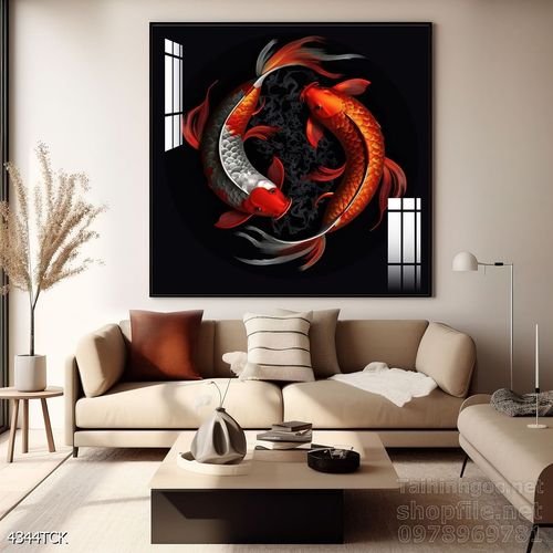 Tranh decor tường phòng khách cá chép hoa sen