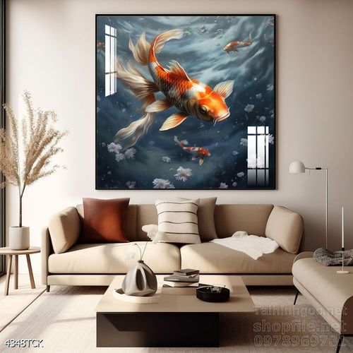 Mẫu tranh decor tường cá chép hoa sen 