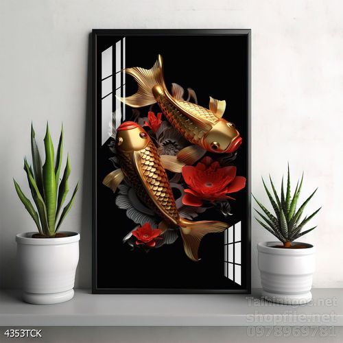 Tranh decor tường phòng khách cá chép hoa sen