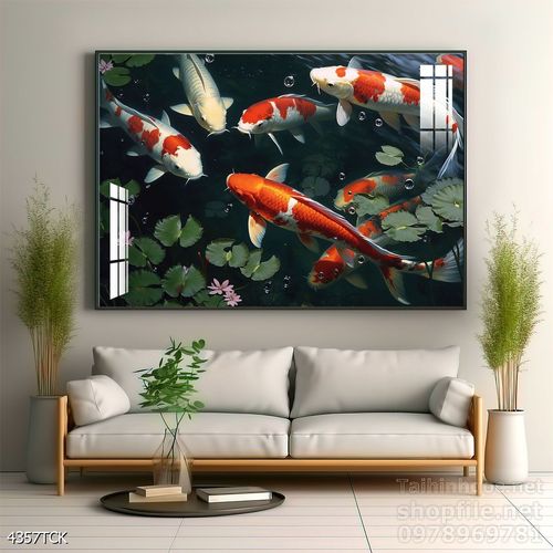 Mẫu tranh decor tường cá chép hoa sen 