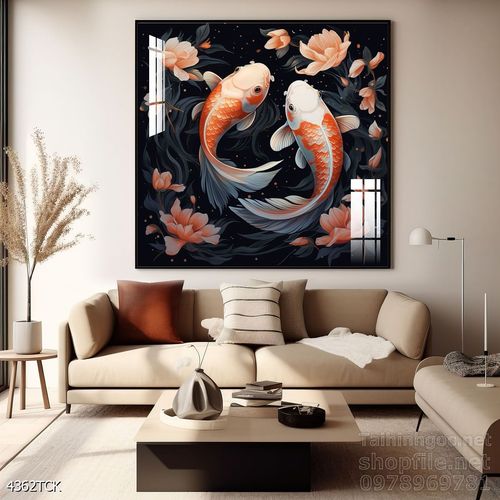 Tranh decor tường phòng khách cá chép hoa sen