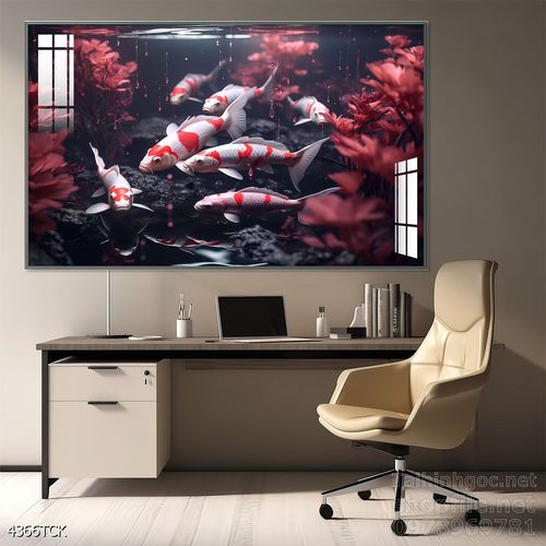 Mẫu tranh decor tường cá chép hoa sen 