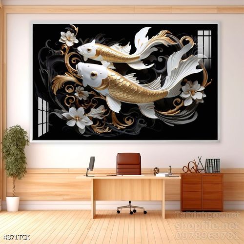 Tranh decor tường phòng khách cá chép hoa sen
