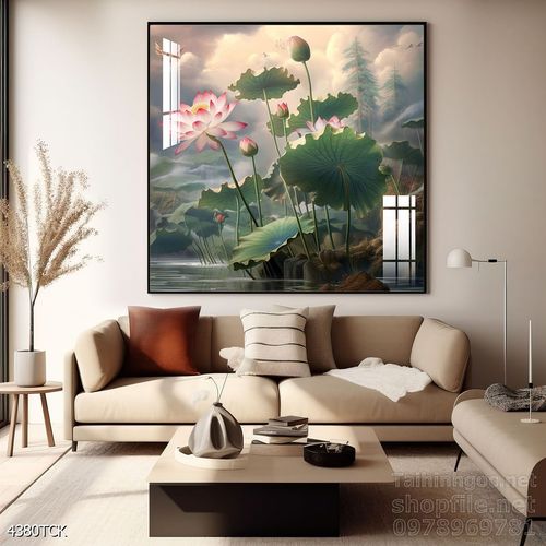 Tranh decor tường phòng khách cá chép hoa sen