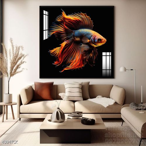 Mẫu tranh decor tường cá chép hoa sen 