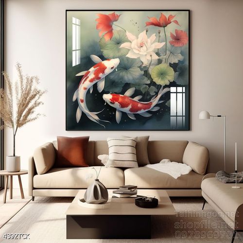 Mẫu tranh decor tường cá chép hoa sen 