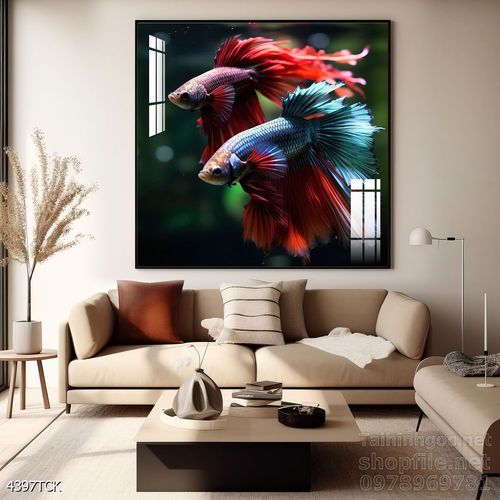 Tranh decor tường phòng khách cá chép hoa sen
