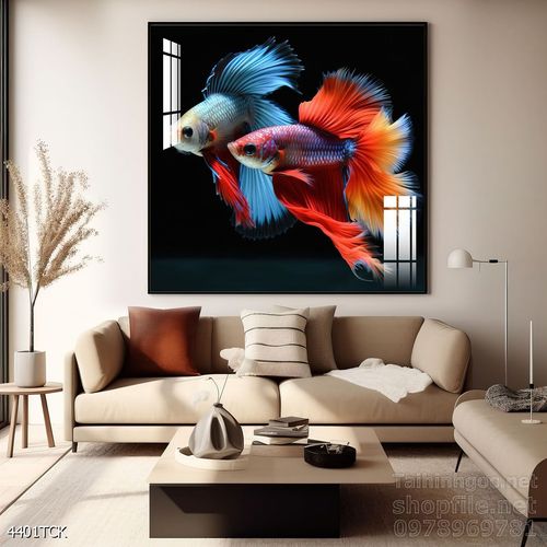 Mẫu tranh decor tường cá chép hoa sen 