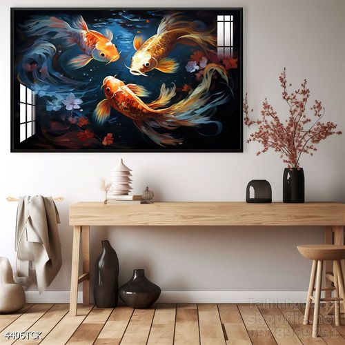 Tranh decor tường phòng khách cá chép hoa sen