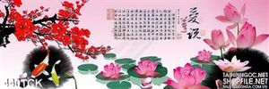 Tranh hoa sen, cá chép thư pháp mùa xuân