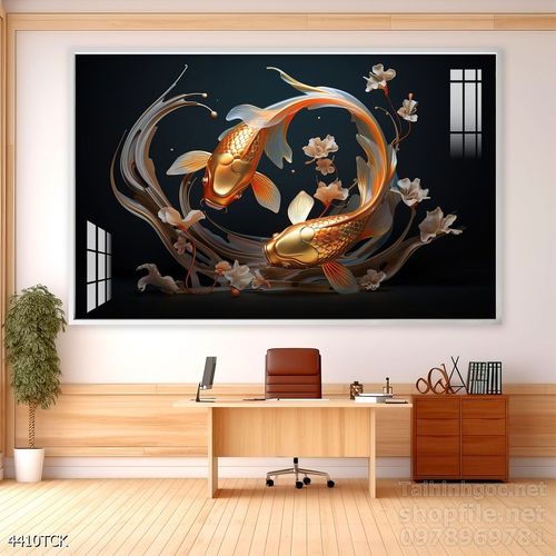 Mẫu tranh decor tường cá chép hoa sen 