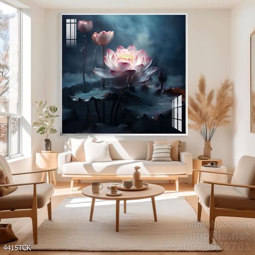 Tranh decor tường phòng khách cá chép hoa sen