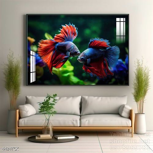 Tranh decor tường phòng khách cá chép hoa sen