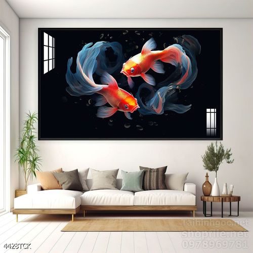 Mẫu tranh decor tường cá chép hoa sen 