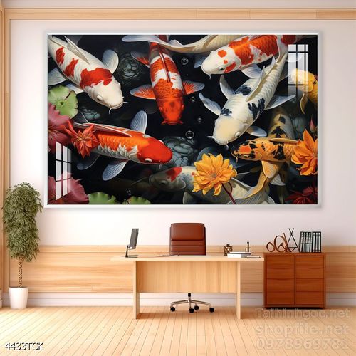Tranh decor tường phòng khách cá chép hoa sen