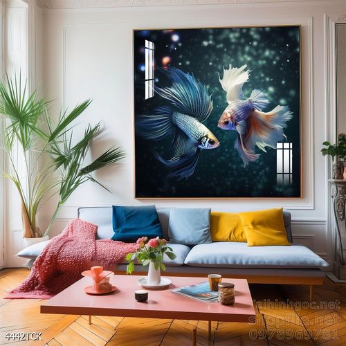 Tranh decor tường phòng khách cá chép hoa sen