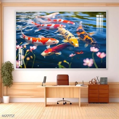 Mẫu tranh decor tường cá chép hoa sen 