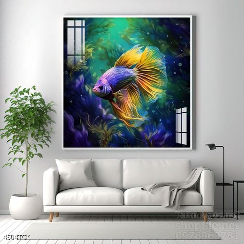 Mẫu tranh decor tường cá chép hoa sen 