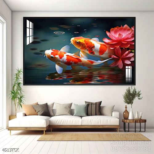 Mẫu tranh decor tường cá chép hoa sen 