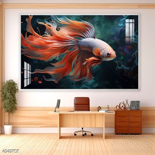 Mẫu tranh decor tường cá chép hoa sen 