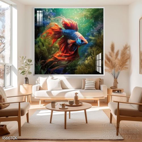 Mẫu tranh decor tường cá chép hoa sen 