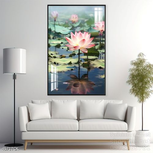 Tranh decor tường phòng khách cá chép hoa sen