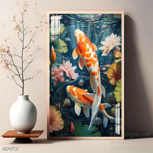 Mẫu tranh decor tường cá chép hoa sen 