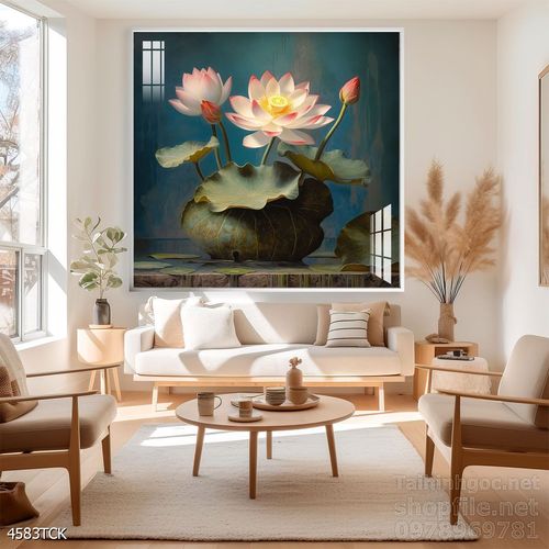 Mẫu tranh decor tường cá chép hoa sen 