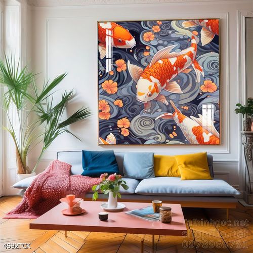 Mẫu tranh decor tường cá chép hoa sen 