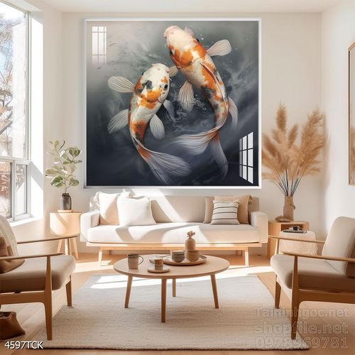 Tranh decor tường phòng khách cá chép hoa sen